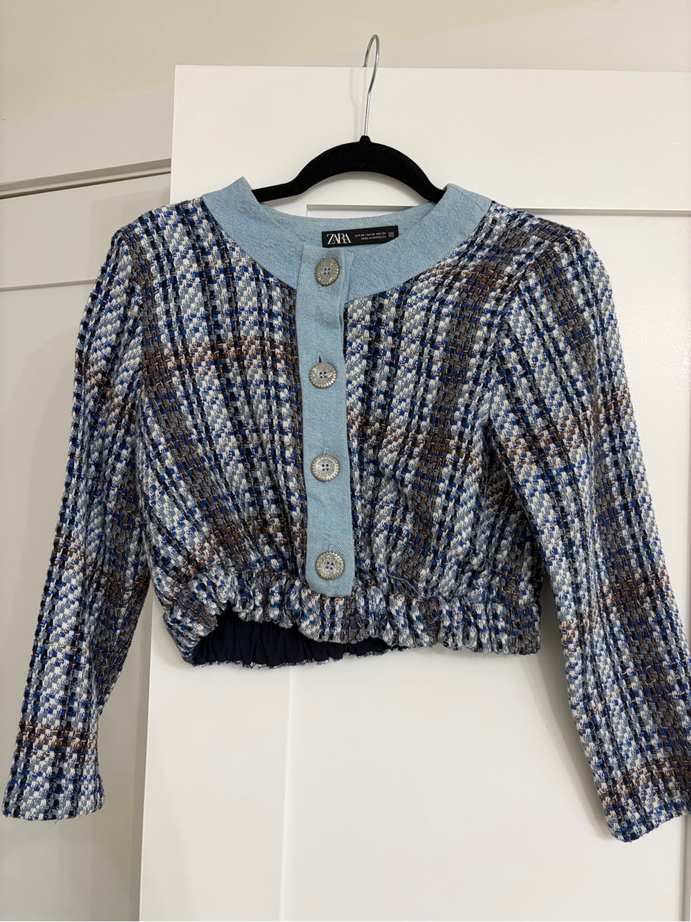 Zara Blue and Brown Checked Cropped Tweed Cardigan